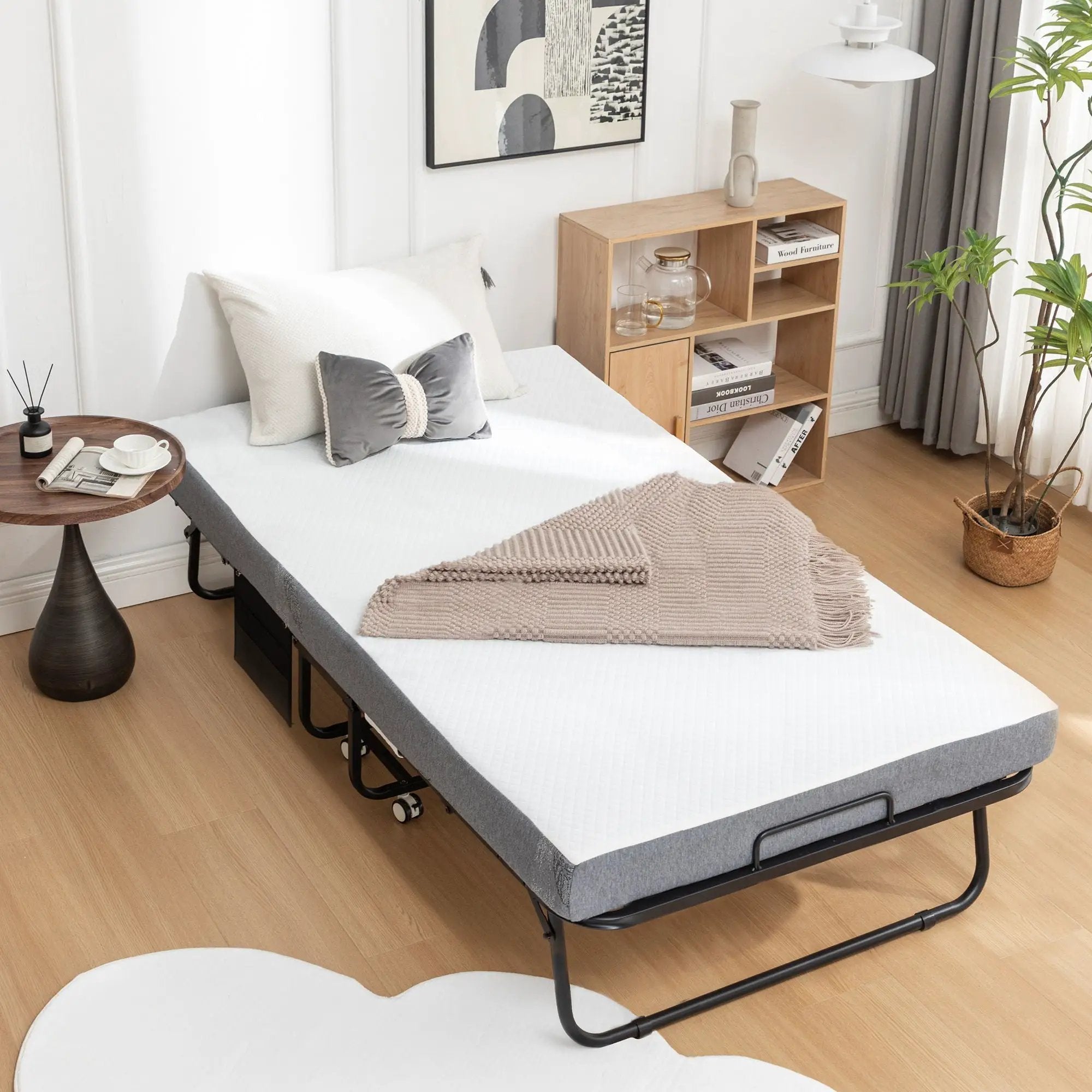 Foldable Metal Frame Bed For Guest With Memory Foam Mattress On Wheels, Saving Space Rollaway Bed by HouseOfZazla
