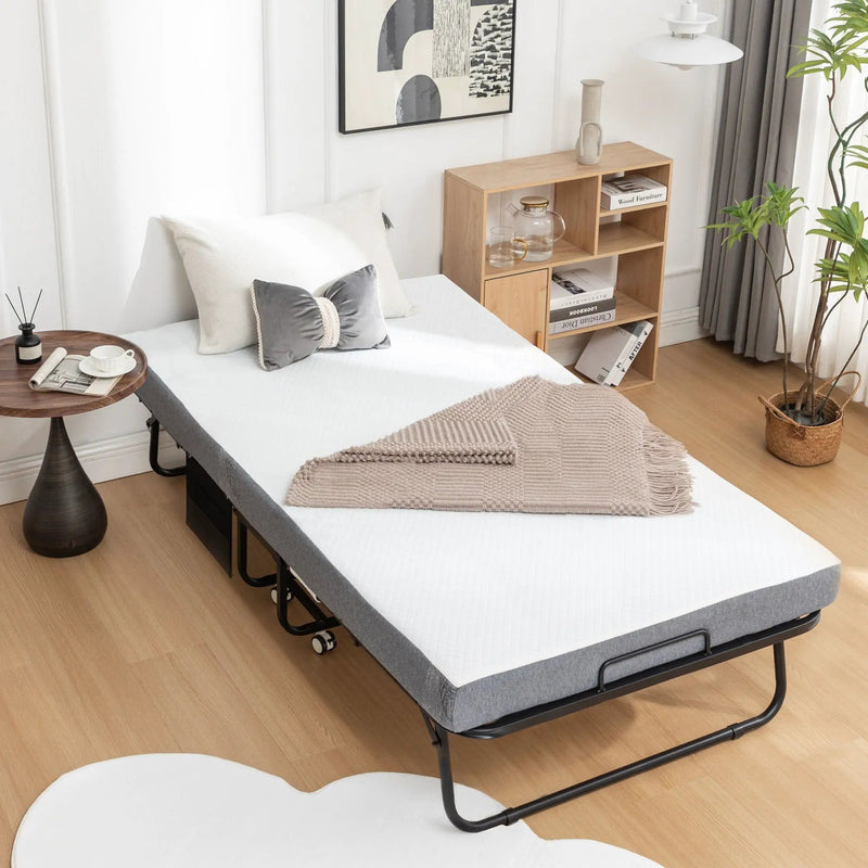 Foldable Metal Frame Bed For Guest With Memory Foam Mattress On Wheels, Saving Space Rollaway Bed by HouseOfZazla