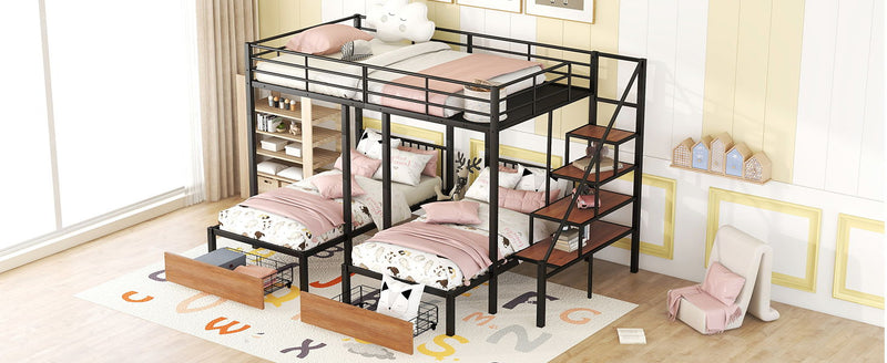 Full Over Twin-Twin Triple Bunk Bed With Drawers And Staircase - Black by HouseOfZazla
