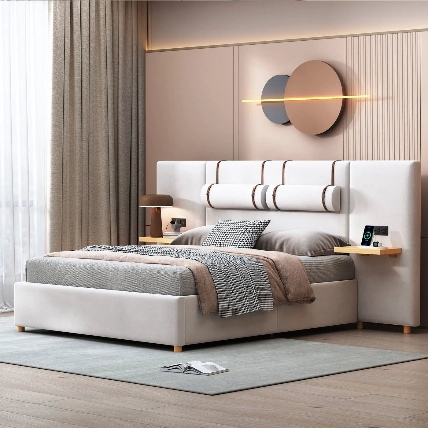 Upholstered Platform Bed, 2 Outlets And USB Charging Ports On Both Sides, 2 Bedside Pillows, Storage Shelves by Unique Piece Furniture