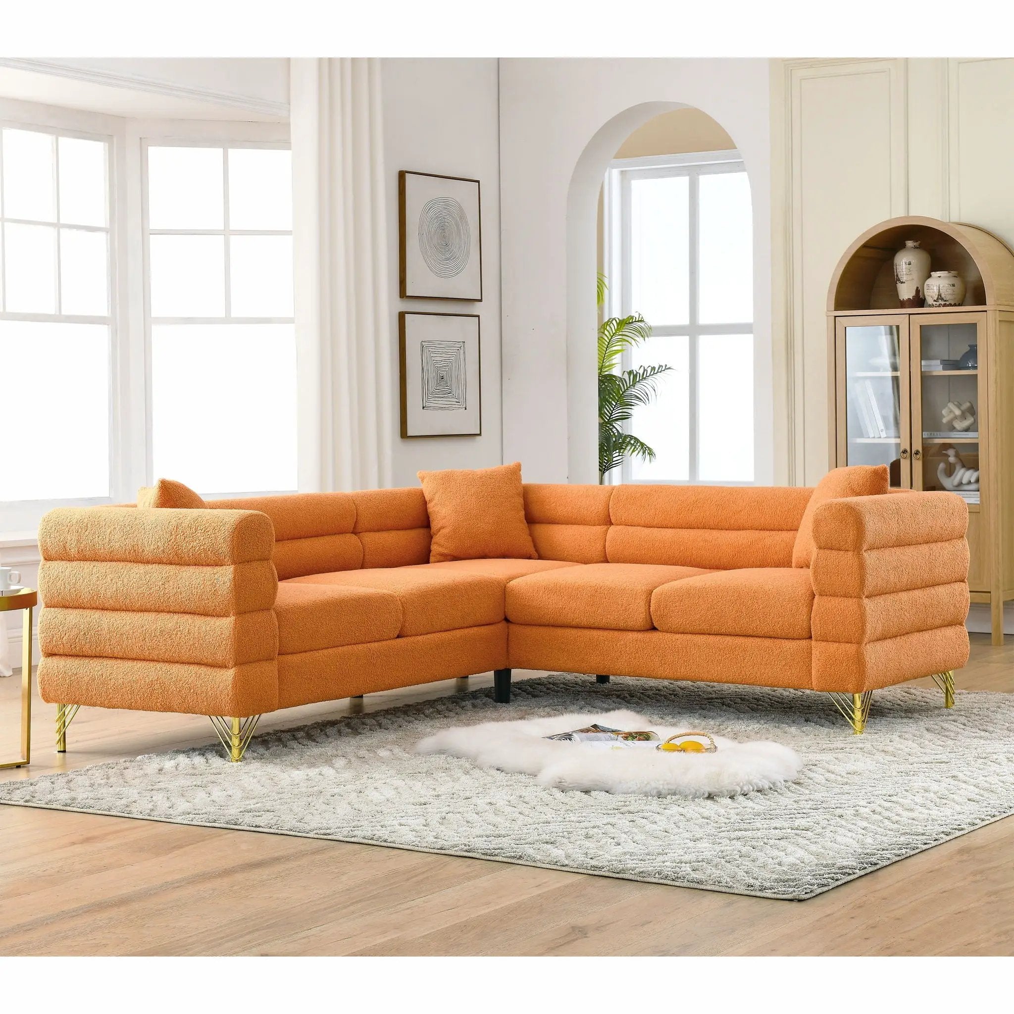 Oversized L - Shaped Corner Sofa, 5 Seater Sectional With 3 Cushions, Living Room Furniture - Orange by HouseOfZazla