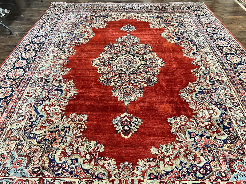 Persian Sarouk Rug 11x14, Semi Open Field, Large Antique Persian Wool Handmade Carpet, Red and Dark Blue, Floral by Jewel Rugs
