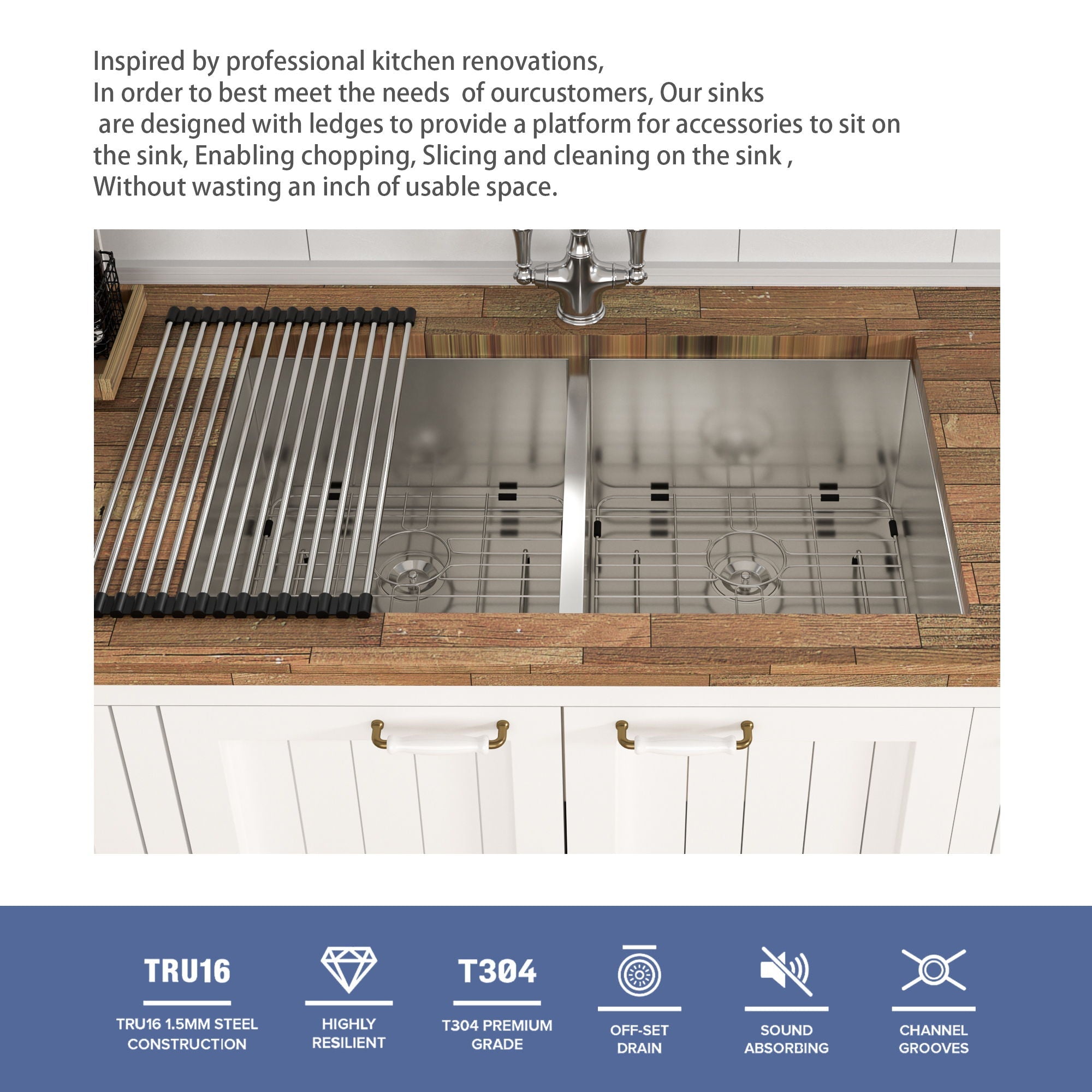 Undermount Double Bowl Kitchen Sink 16 Gauge With 9" Deep Basin - Brushed Nickel by HouseOfZazla