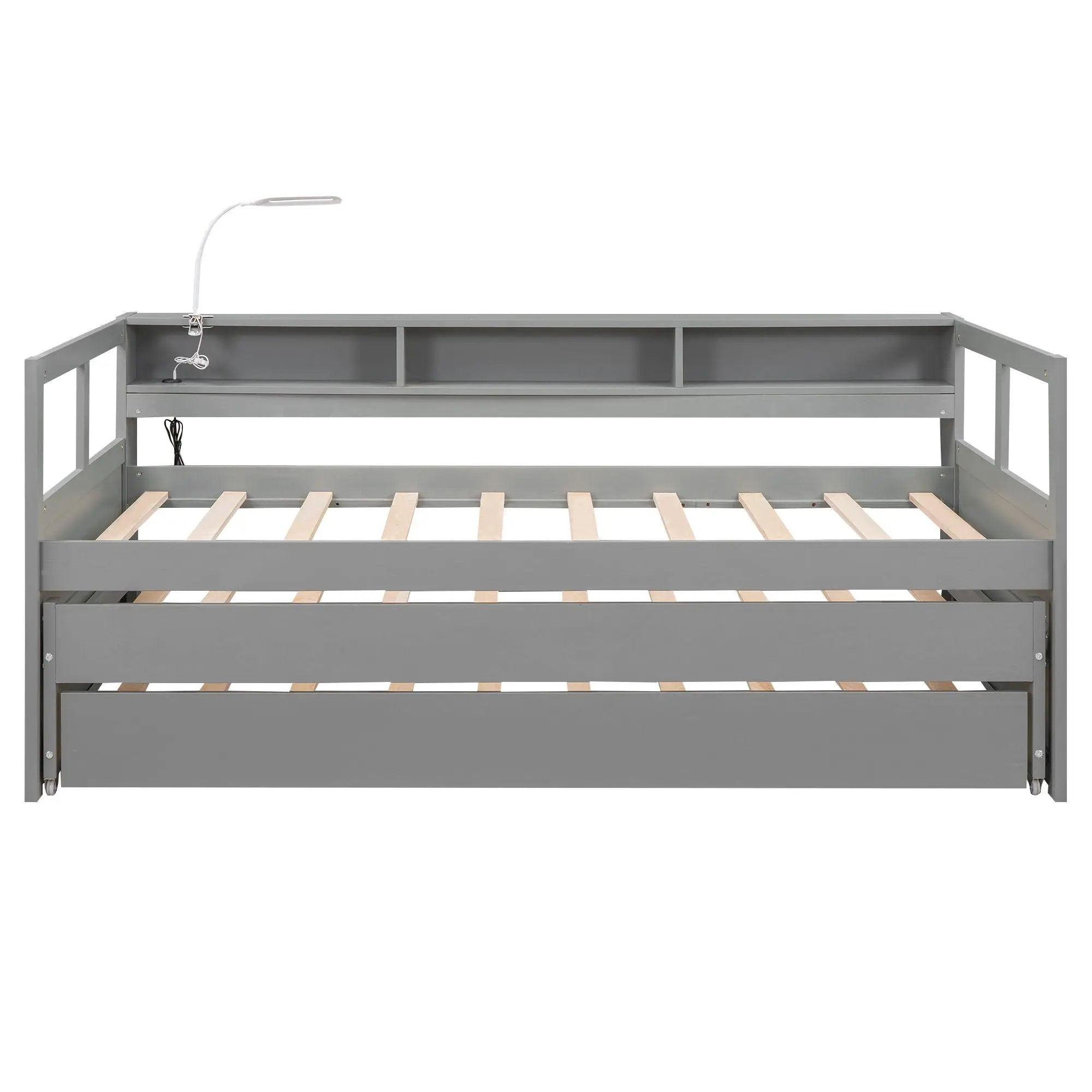 Daybed With 2 Trundles, 3 Storage Cubbies, Built In USB Charging Light by HouseOfZazla