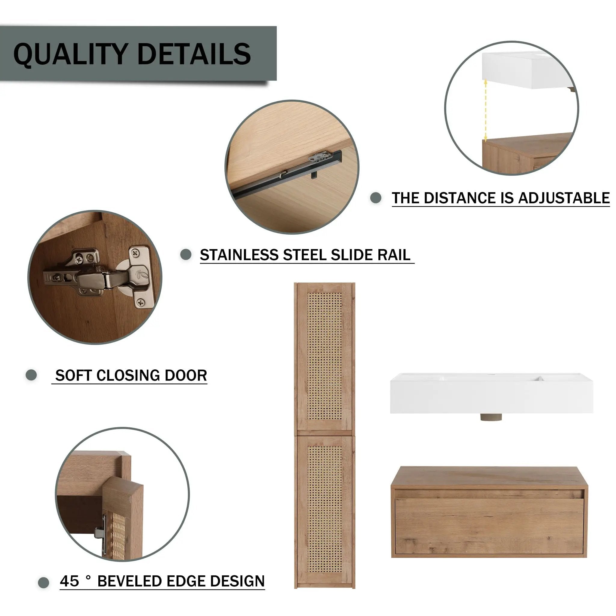 Modern Imitative Wall Mounted Bathroom Vanity With Resin Sink & 2 Side Cabinet, Soft Close Drawer - Imitative Oak by Unique Piece Furniture