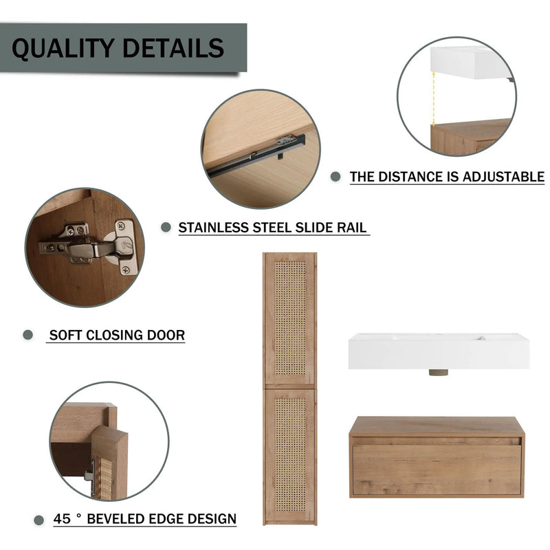 Modern Imitative Wall Mounted Bathroom Vanity With Resin Sink & 2 Side Cabinet, Soft Close Drawer - Imitative Oak by Unique Piece Furniture