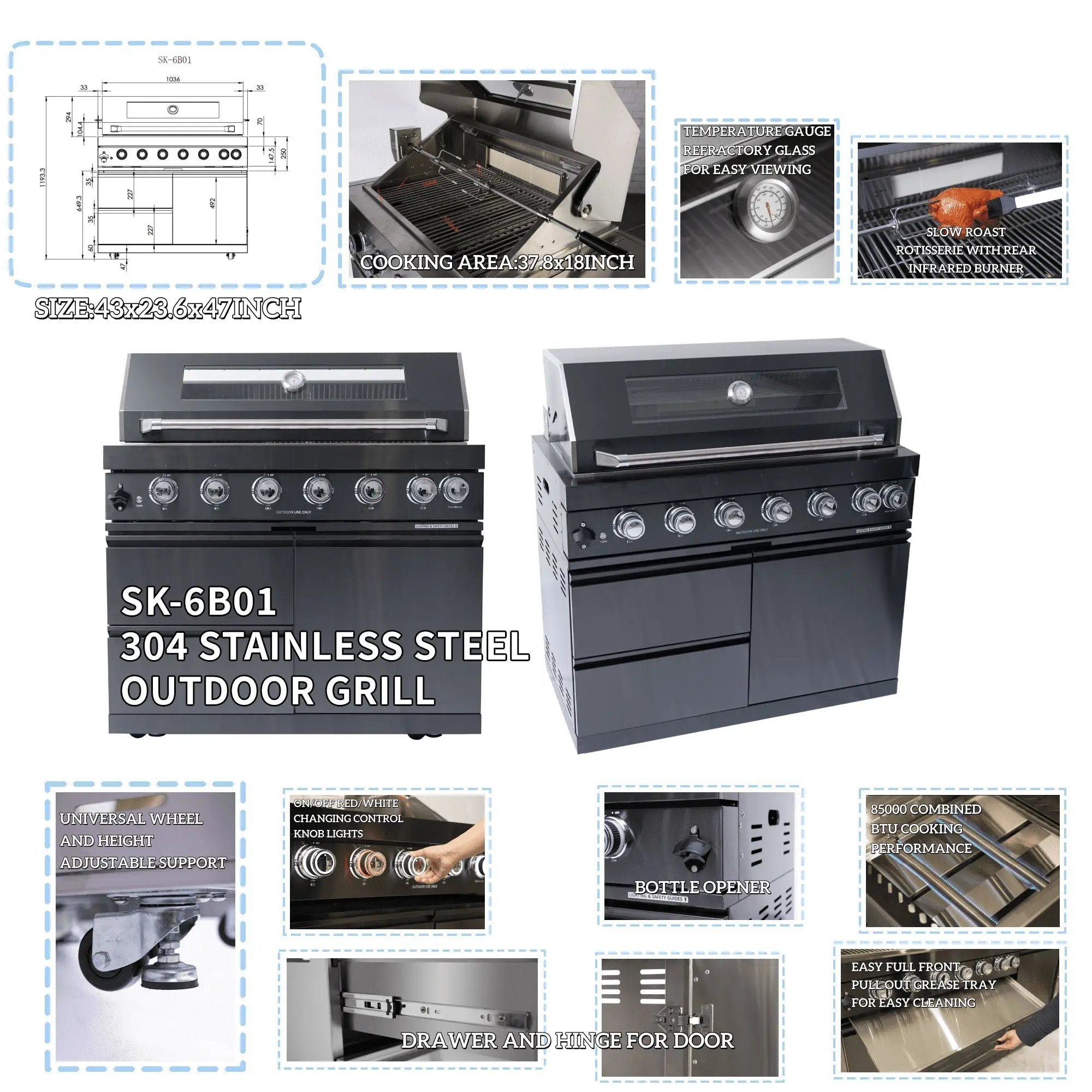 NG 85" 6-Burner 85,000 BTU Black Outdoor Kitchen Island Grill Refrigerator + Rotisserie Kit + Sink by Chery Industrial