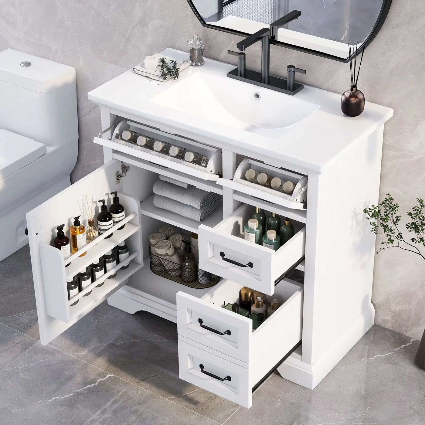36" Bathroom Vanity With Sink, 2 Tip-Out Drawers, Soft Close Hinges by HouseOfZazla
