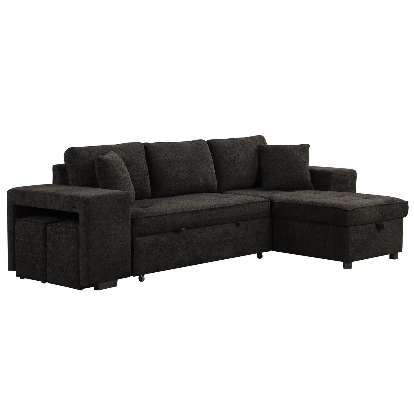 Modern L-Shape 3 Seat Reversible Sectional Couch, Pull Out Sleeper Sofa With Storage Chaise And 2 Stools For Living Room Furniture Set by Unique Piece Furniture