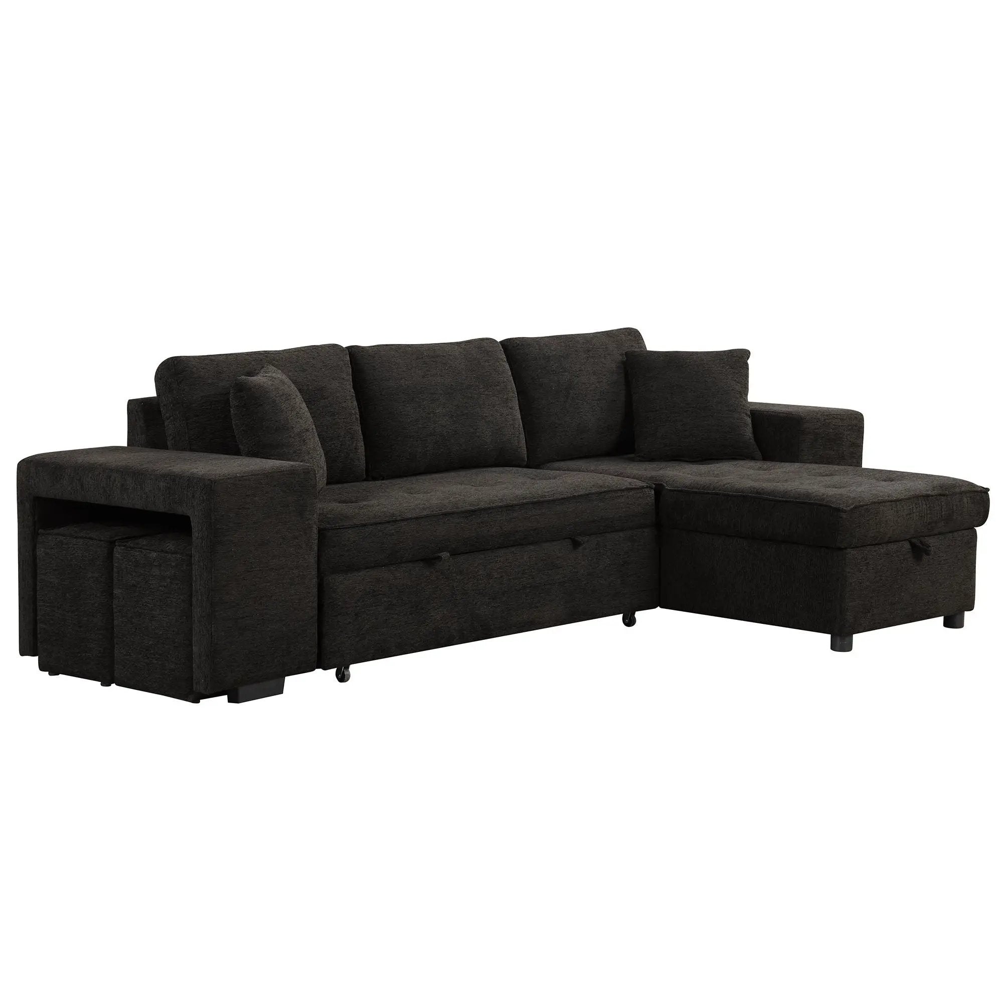 Modern L-Shape 3 Seat Reversible Sectional Couch, Pull Out Sleeper Sofa With Storage Chaise And 2 Stools For Living Room Furniture Set by HouseOfZazla