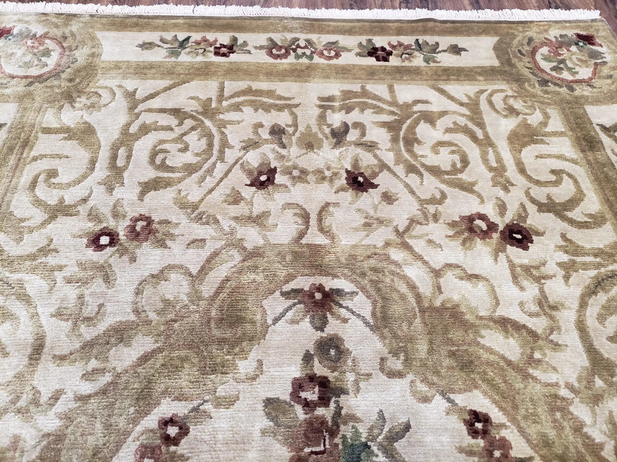 Vintage Nepali Tibetan Aubusson Rug 6x9, Wool Hand-Knotted Cream Beige