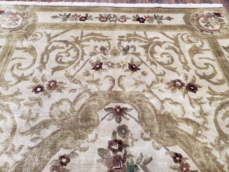 Vintage Nepali Tibetan Aubusson Rug 6x9, Wool Hand-Knotted Cream Beige Carpet, Leaves & Floral Pattern 6 x 9 Soft Area Rug Home Office Rug by Jewel Rugs