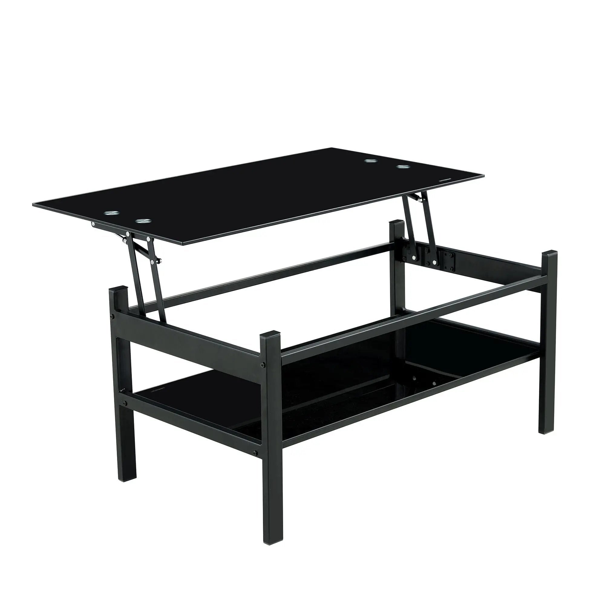Glass Lift Top Coffee Table, Modern Simple 2-Layer Tempered Glass Coffee Table For Living Room - Black by HouseOfZazla