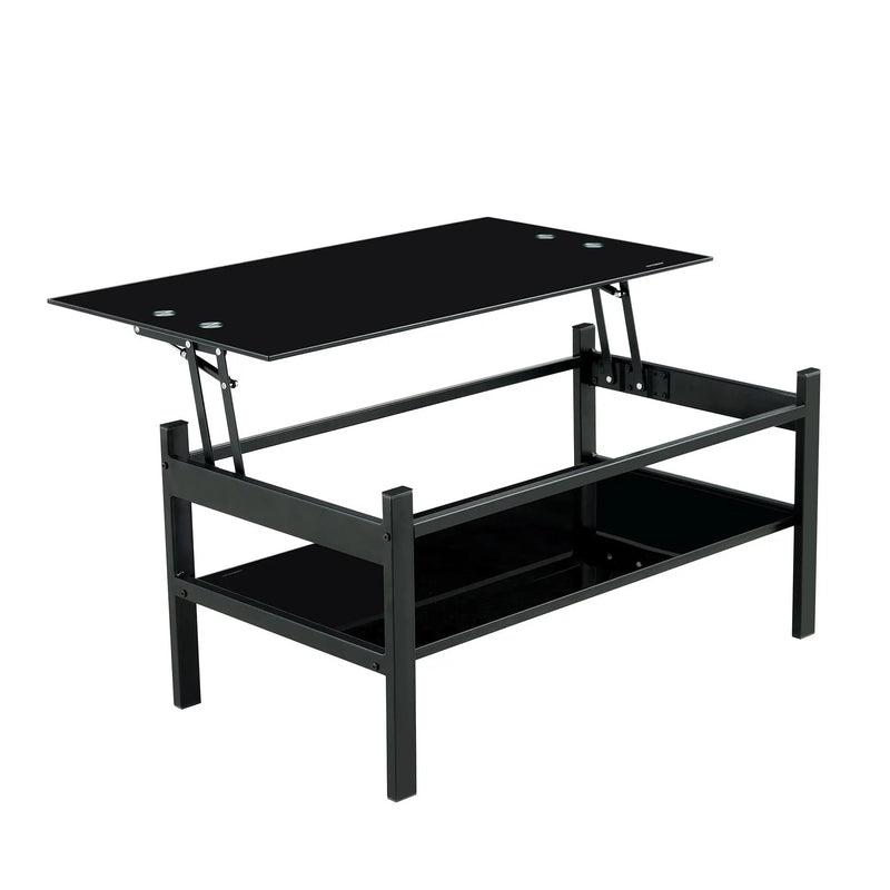 Glass Lift Top Coffee Table, Modern Simple 2-Layer Tempered Glass Coffee Table For Living Room - Black by HouseOfZazla