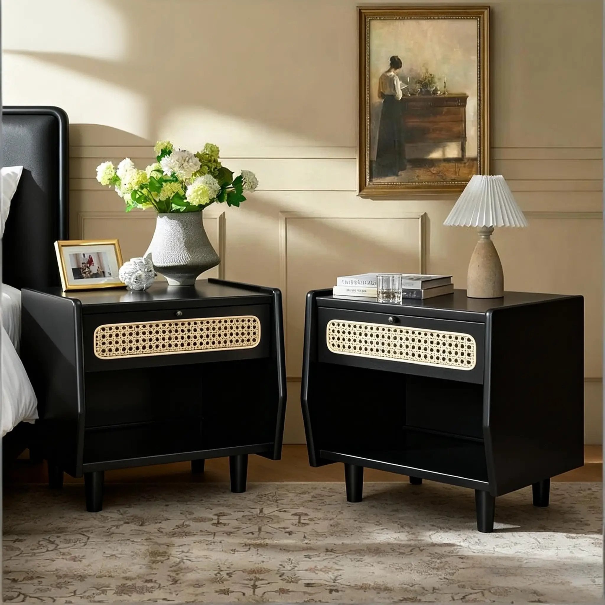 Black Nightstand with Rattan Detail by HouseOfZazla