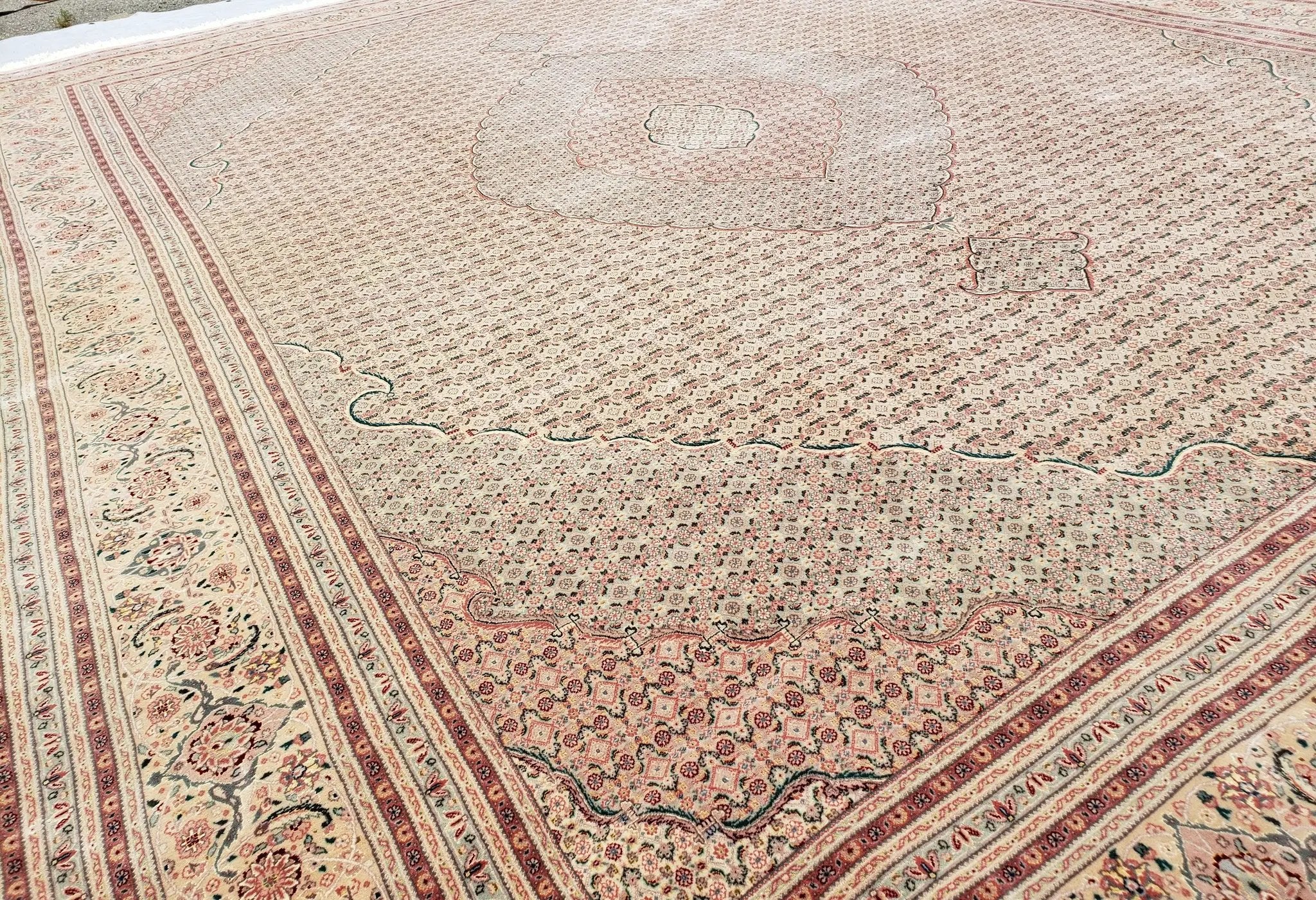 Stunning Oversized Pak Persian Oriental Rug 12x15, Hand Knotted Wool & Silk Palace Sized Carpet, Mahi Pattern, Very Fine, Peach Beige, Wow by Jewel Rugs