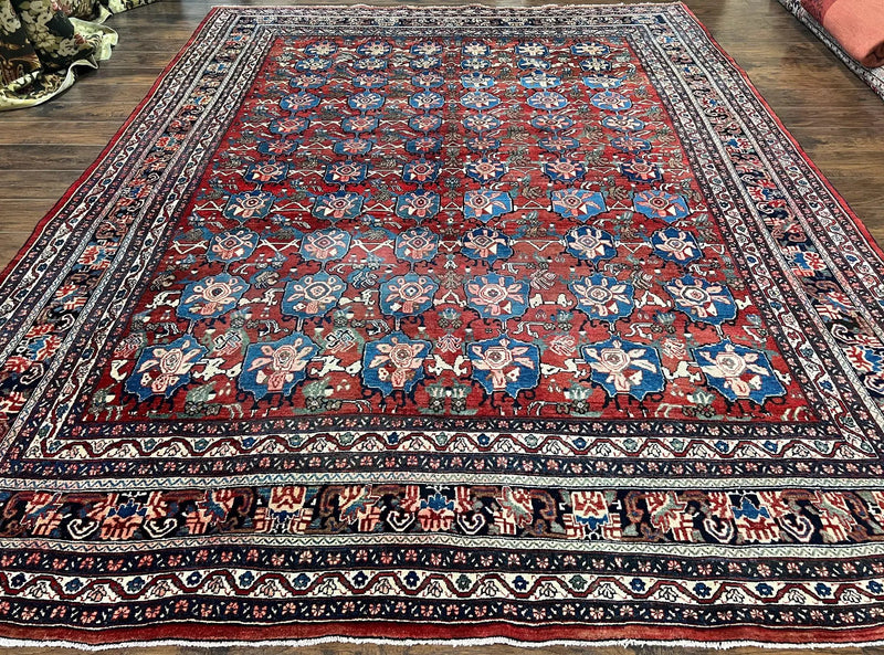 Antique Persian Bijar Rug 9x12 - Allover Motif, Red & Blue by Jewel Rugs