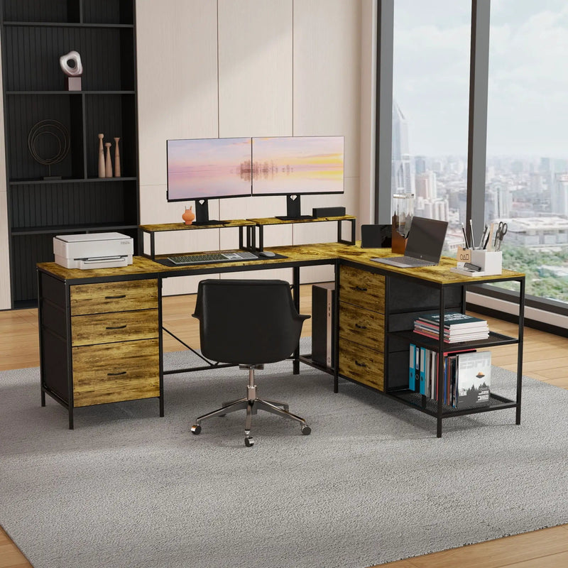 Industrial L Shaped Computer Desk With Power Outlets & USB-C, 6 Fabric Drawers, 3 Open Shelves, Movable Monitor Stands - Brown by HouseOfZazla