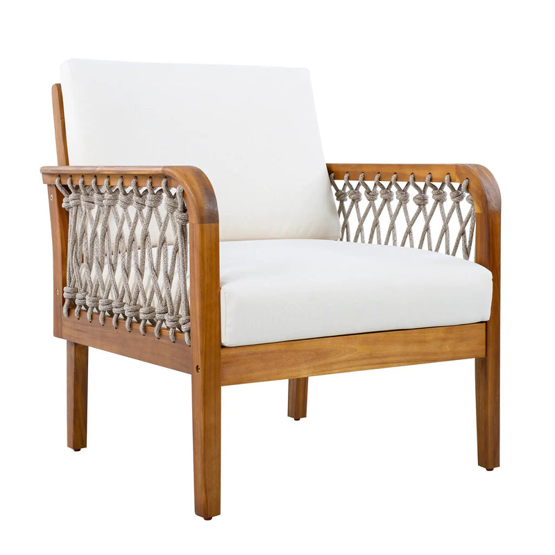 Outdoor Acacia Wood Club Chair with Handwoven Rope, Teak Finish by HouseOfZazla