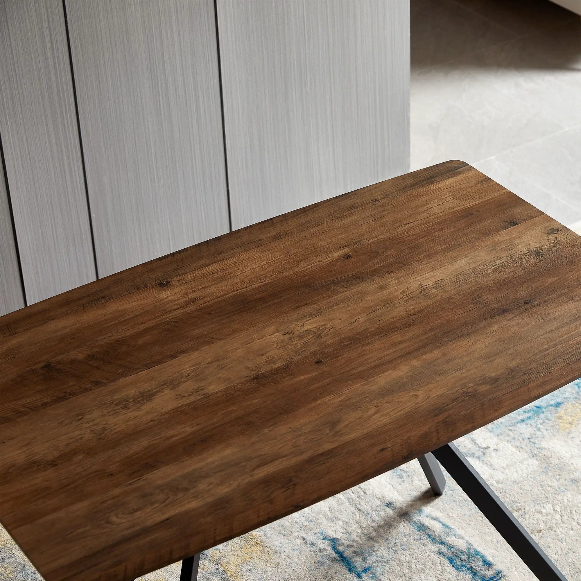 Modern Minimalist Style Dining Table MDF Wooden Top Metal Shelf Metal Heat Transfer Legs Leveling Feet For Dining Room Kitchen Office Table - Walnut / Black by HouseOfZazla