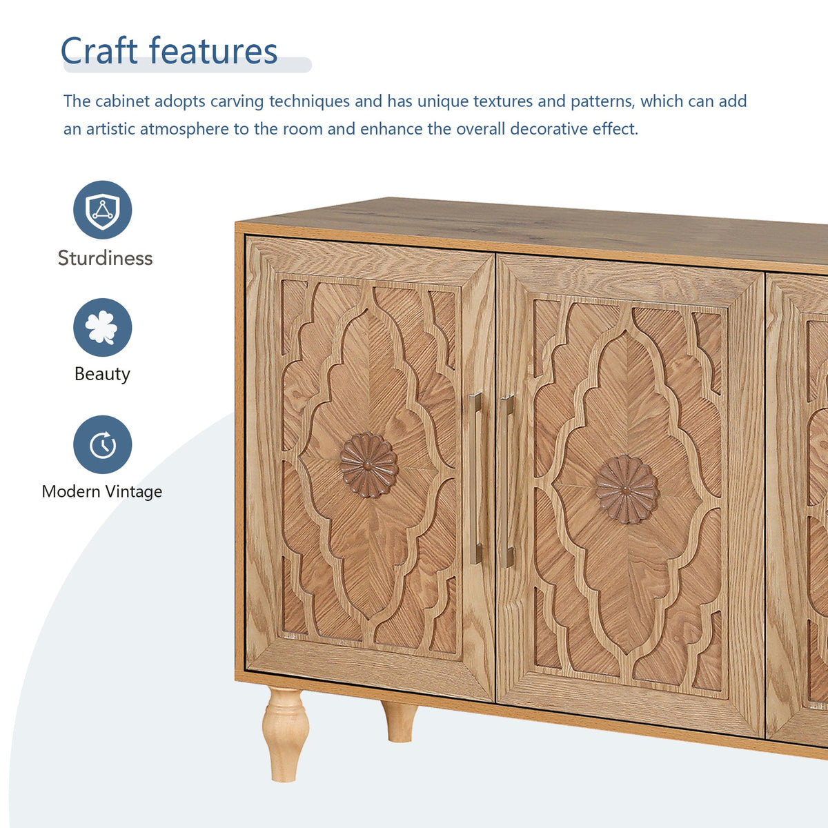 Carved Flower Door Large Storage Cabinet With Metal Handle Suitable For Living Room, Kitchen, Entryway(NATURAL WOOD), photo 6 of 10