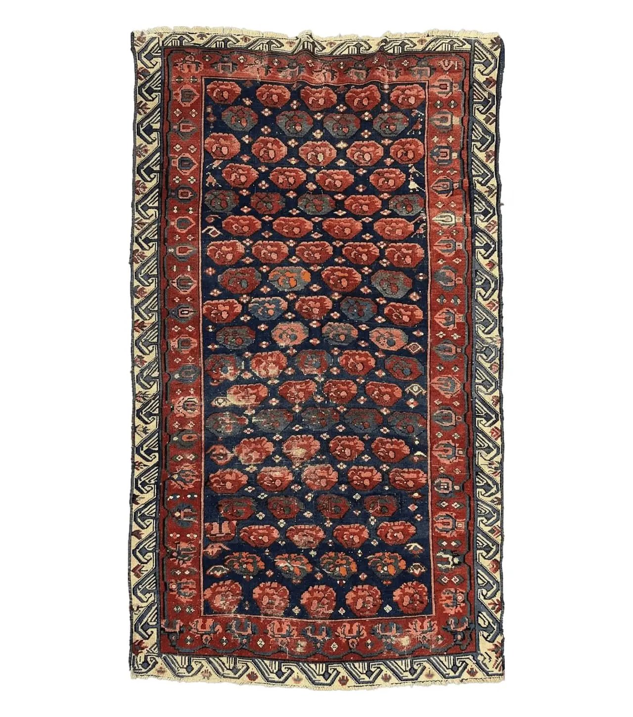 Antique Seychour Rug 4x7, Collectible Kuba Caucasian Carpet, Wool Handmade, Red Navy Blue Cream, Repeated Allover Motif, Early 20th Century by Jewel Rugs