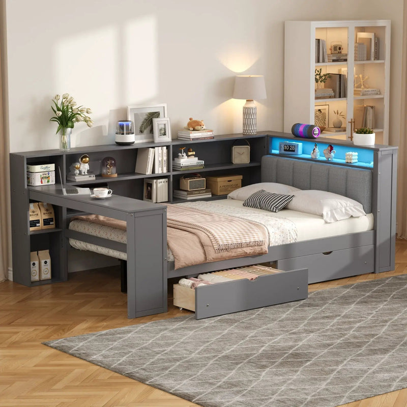 Platform Bed With Upholstered Headboard, Storage Shelves, Drawers, Charging Station, LED Lighting, Built In Desk by Unique Piece Furniture