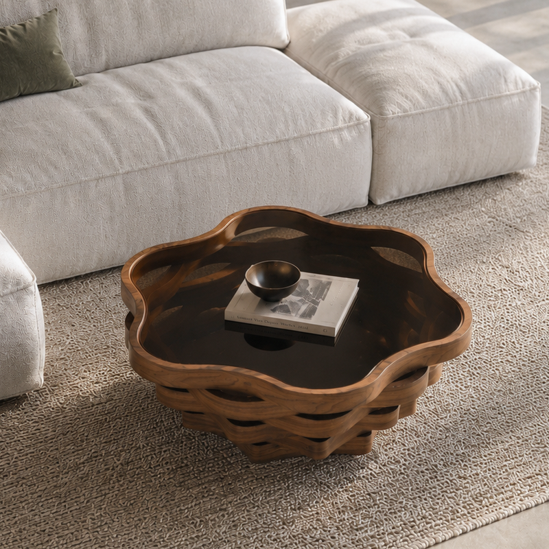 36.02" Unique Irregular Cloud Shaped Coffee Table with Tempered Glass Top, Multi-Layer Wave MDF Base Modern Artistic Cocktail Table for Living Room & Apartment, photo 2 of 7