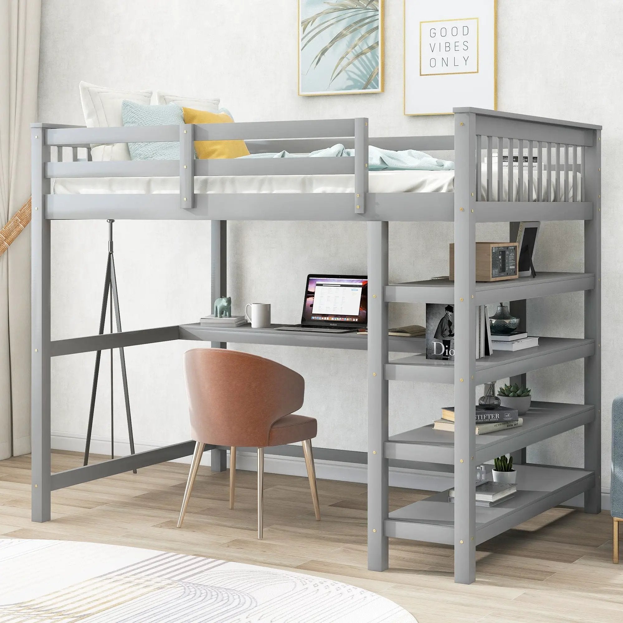 Loft Bed With Storage Shelves And Under Bed Desk by Unique Piece Furniture