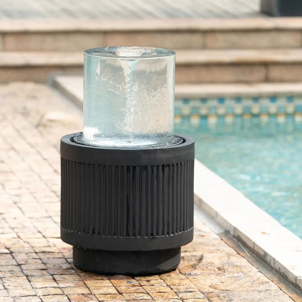 Heavy Cement Round Ribbed Outdoor Water Fountain With Light - Black White by Unique Piece Furniture