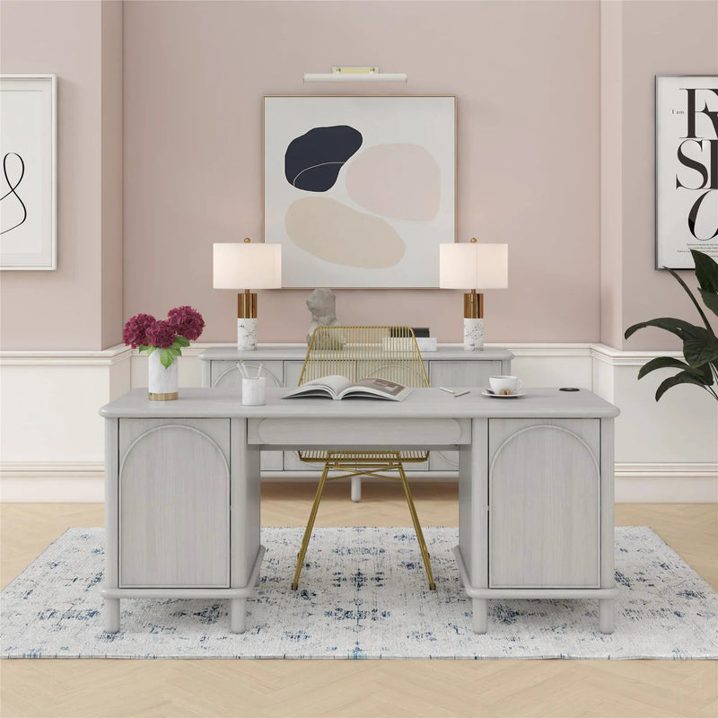 Selena - Double Pedestal Desk - Rustic White by Unique Piece Furniture