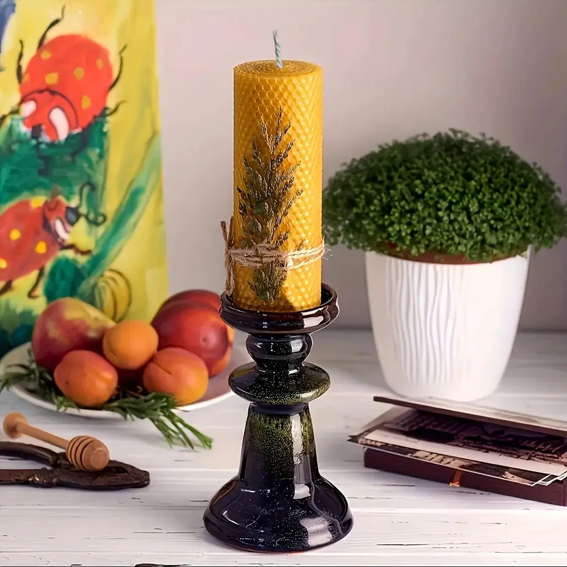 Beeswax Candles with Dried Flowers, Multicolor 4 Piece Oval Set by House Of Avana
