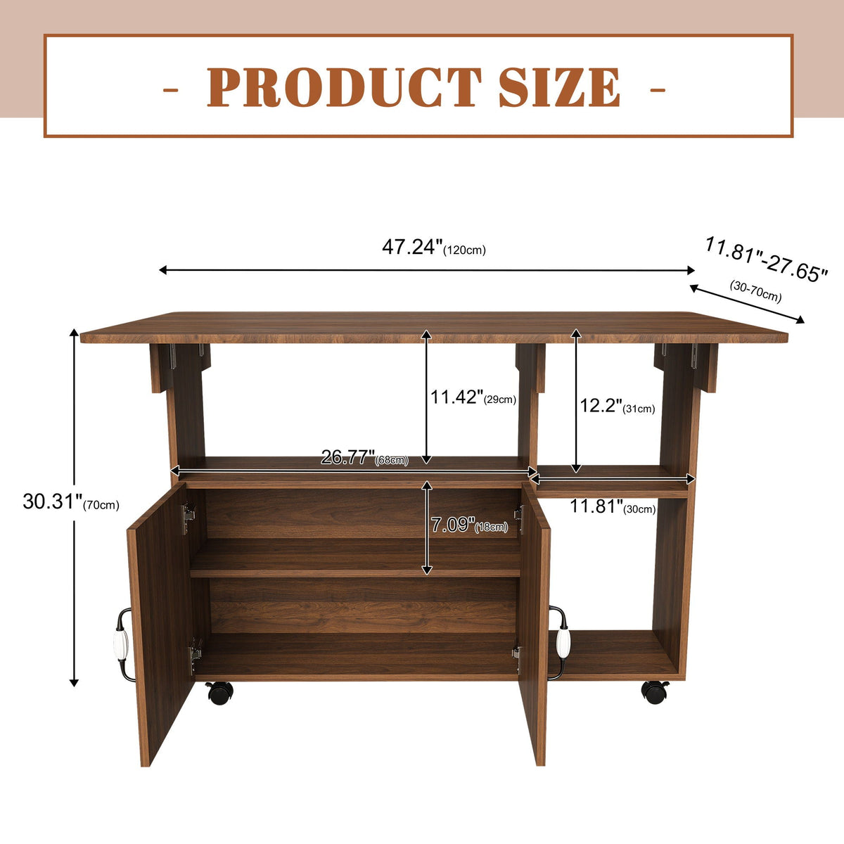 Multi Functional Folding Table with Storage Shelves and Wheels - Light Brown or Dark Brown, photo 8 of 12