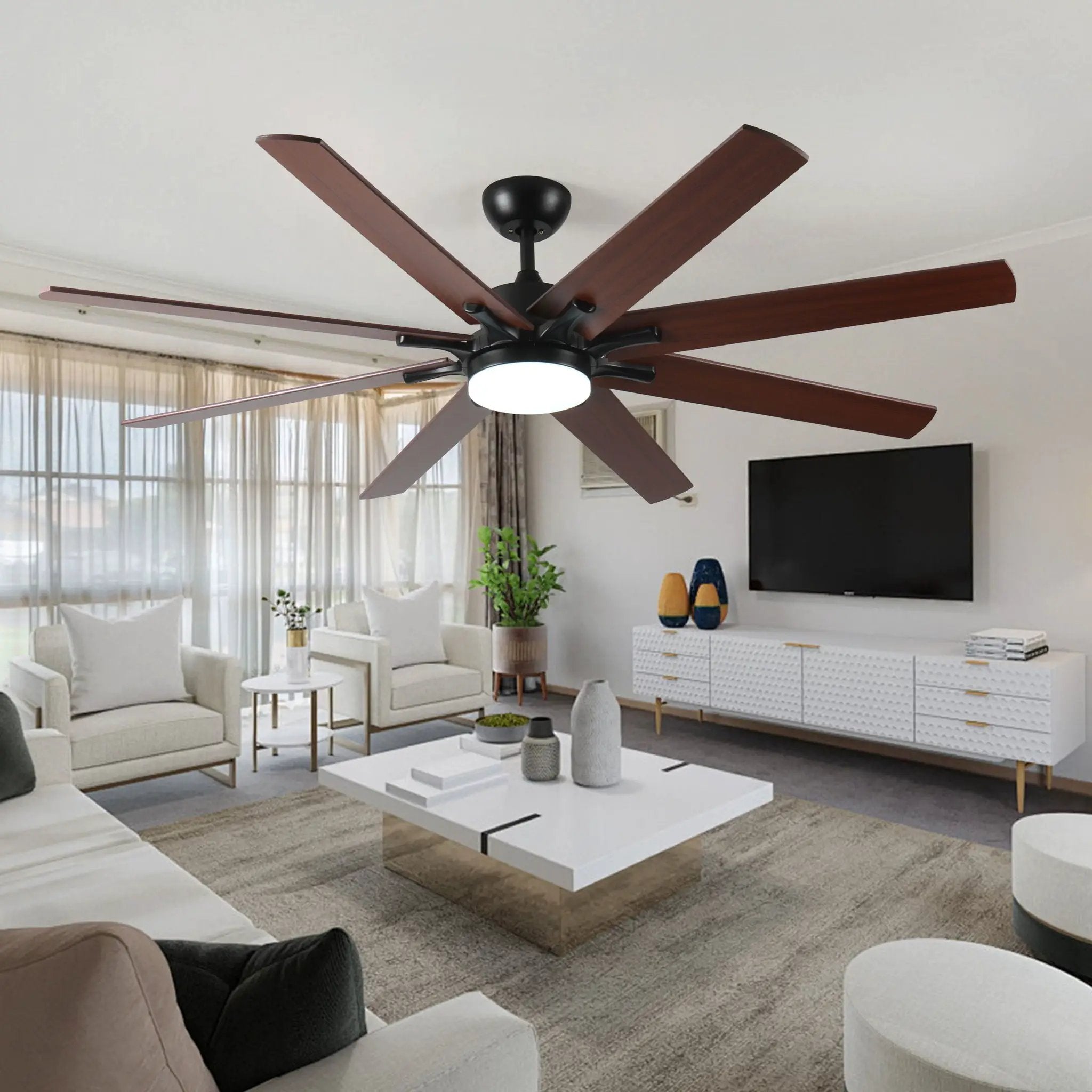 Large Ceiling Fans With Lights And Remote, Indoor / Outdoor Modern Ceiling Fan For Kitchen Living Room Patio, 6 Speed Reversible Quiet DC Motor, Dual Finish 8 Blades - Black by Unique Piece Furniture