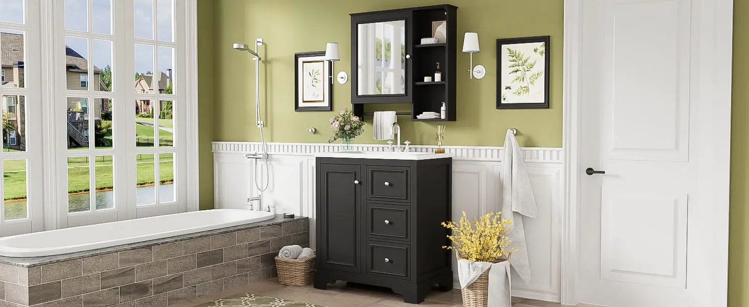 Bathroom Vanity With Sink, Modern Elegant Bathroom Storage Cabinet With 3 Drawers And Adjustable Shelves, Freestanding Vanity Set With Mirror Cabinet, Single Sink Bathroom Vanity by HouseOfZazla