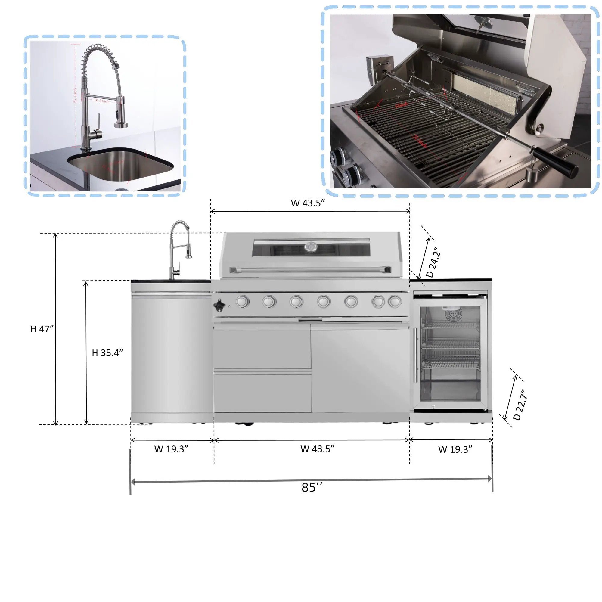 6 Burner 85, 000 Btu Deluxe Gas Outdoor Kitchen Island Grill With Wine Cooler Refrigerator, Rotisserie, Storage Cabinets & Drawers - Silver by HouseOfZazla
