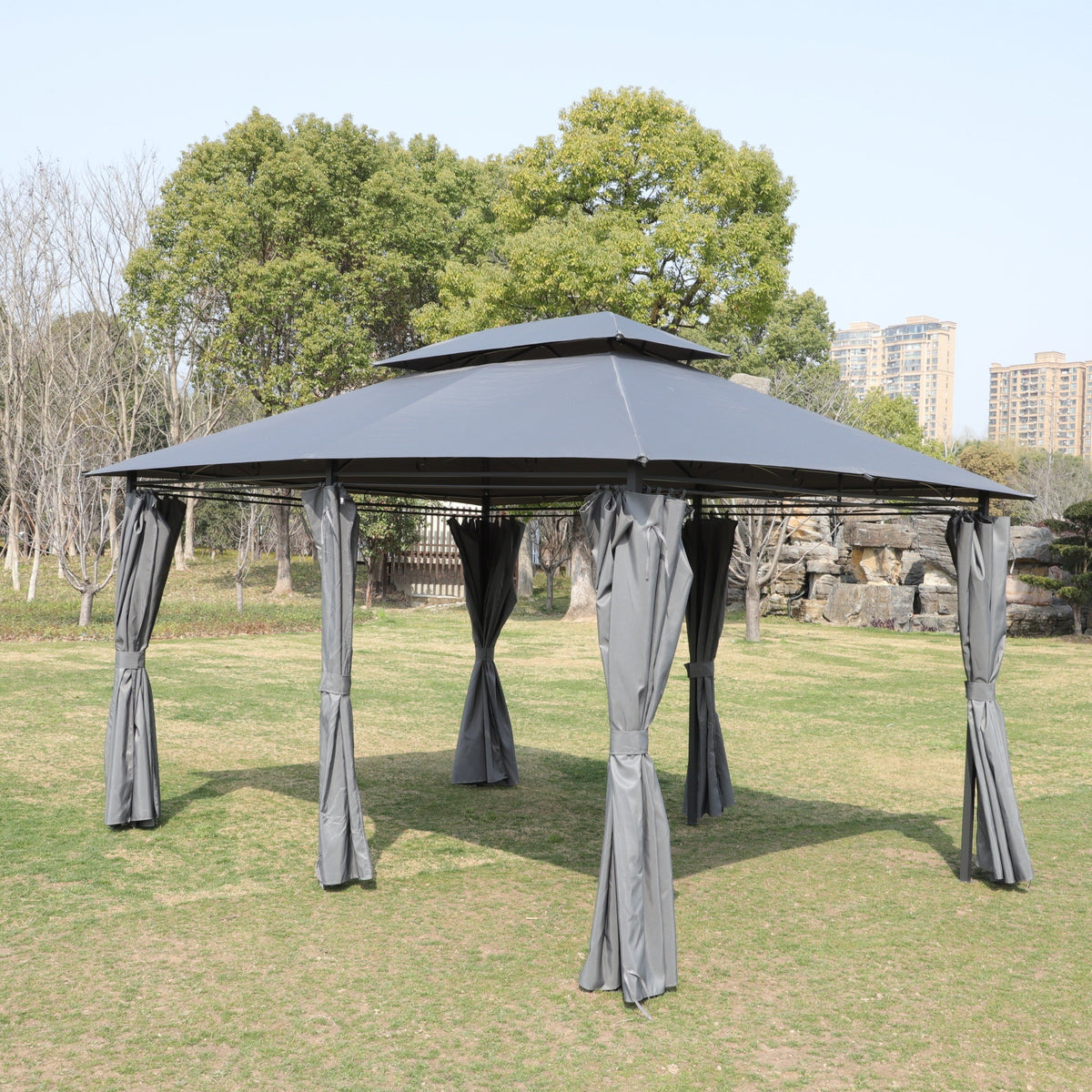 13x10 Ft Outdoor Patio Gazebo with Ventilated Double Roof - Grey, photo 8 of 20