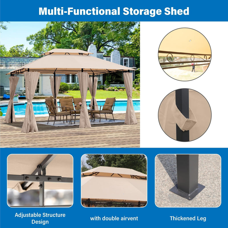 Khaki Outdoor Patio Gazebo Canopy Tent with Ventilated Double Roof, photo 18 of 18