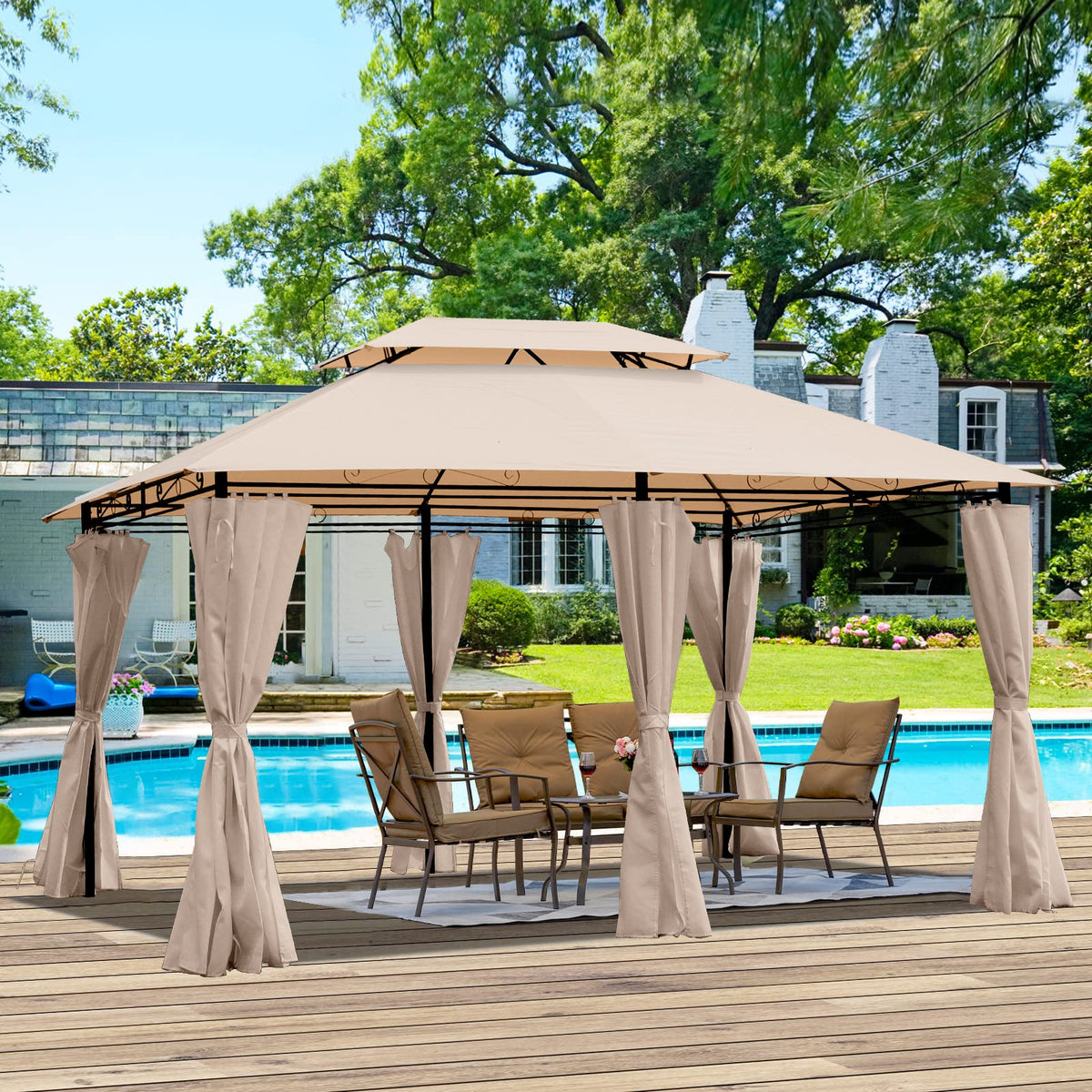 Khaki Outdoor Patio Gazebo Canopy Tent with Ventilated Double Roof, photo 2 of 18