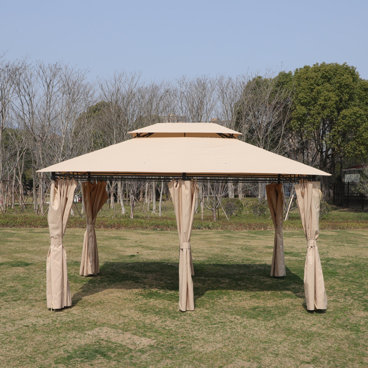 Khaki Outdoor Patio Gazebo Canopy Tent with Ventilated Double Roof, photo 5 of 18