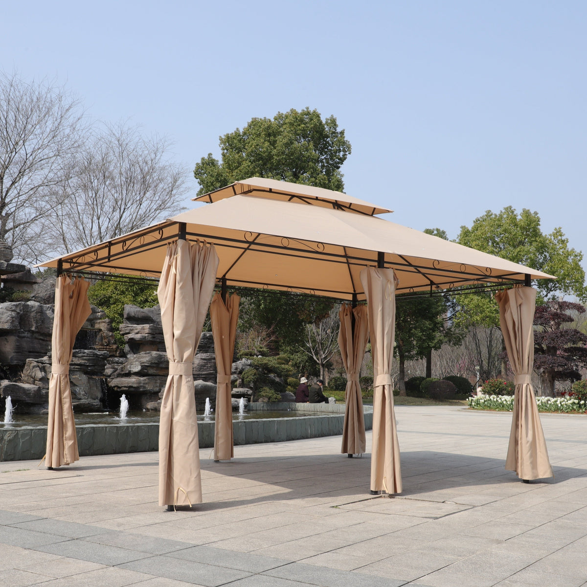 Khaki Outdoor Patio Gazebo Canopy Tent with Ventilated Double Roof, photo 6 of 18
