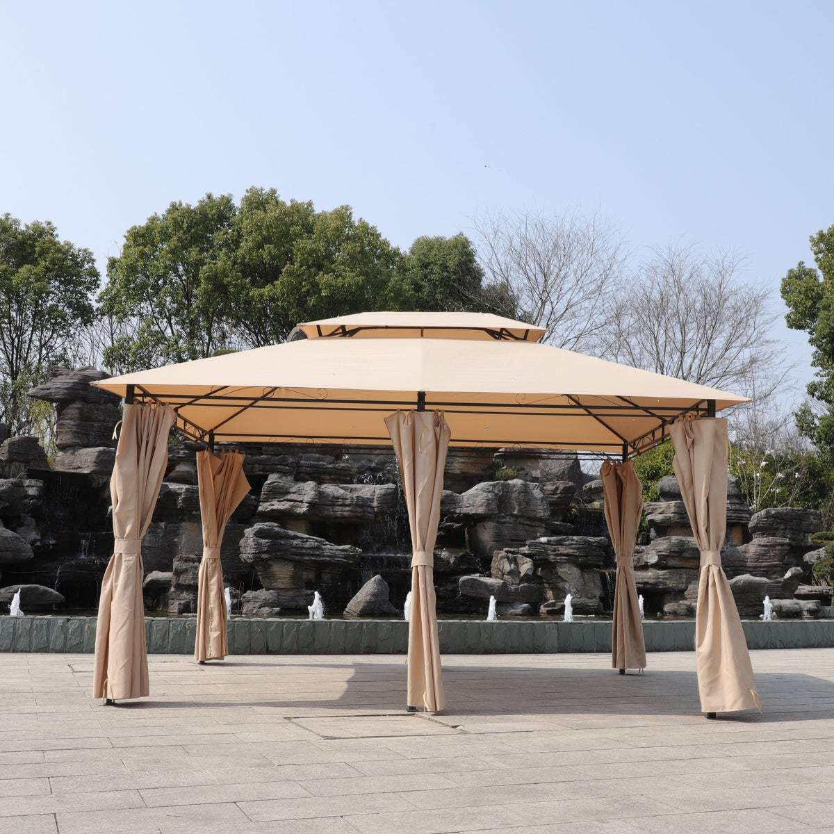 Khaki Outdoor Patio Gazebo Canopy Tent with Ventilated Double Roof, photo 8 of 18