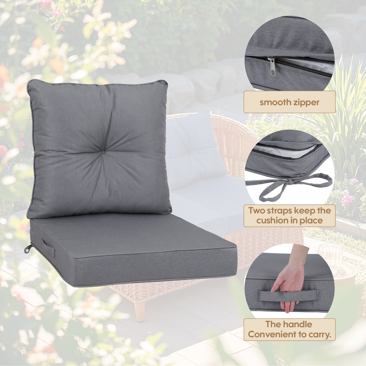 Outdoor Deep Seat Cushions for Patio Furniture with Waterproof Cover - Set of 2, photo 2 of 8