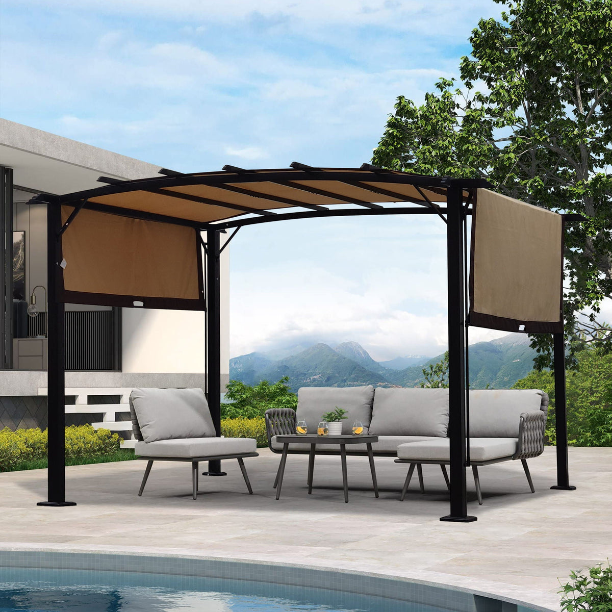Outdoor Patio Pergola Gazebo with Retractable Canopy - Beige or Dark Gray, photo 5 of 8