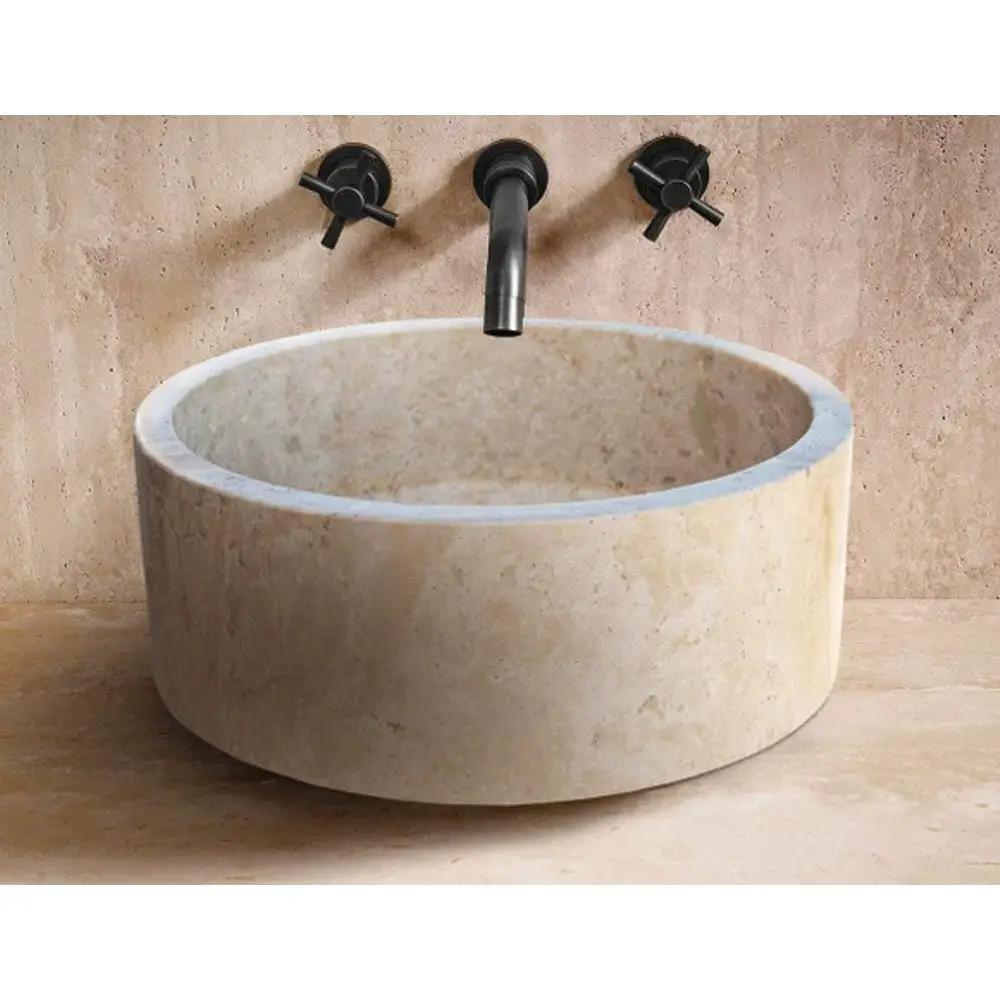 Natural Stone Beige Travertine Vessel Sink Honed Finish Round 16 inch Diameter 6 inch Height by GobekDesign