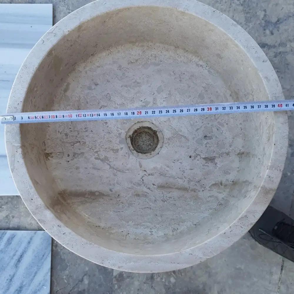 Natural Stone Beige Travertine Vessel Sink Honed Finish Round 16 inch Diameter 6 inch Height by GobekDesign