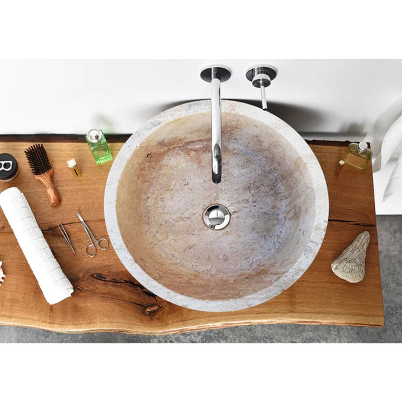 Natural Stone Beige Travertine Self-Rimming Drop-in Vessel Sink Polished (D)16" (H)6.5" by GobekDesign