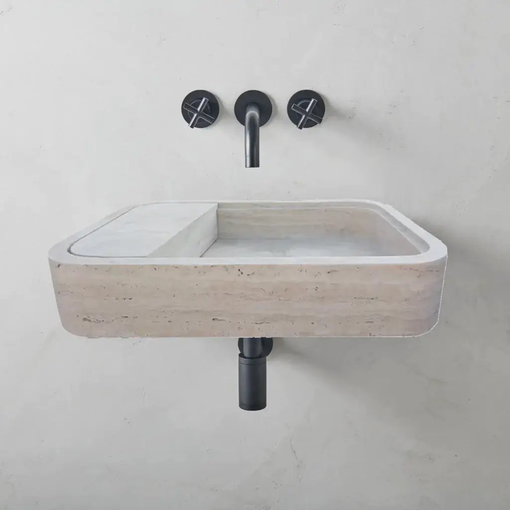 Beige Travertine Wall-Mount Bathroom Sink Hidden Drain 16x24 by GobekDesign