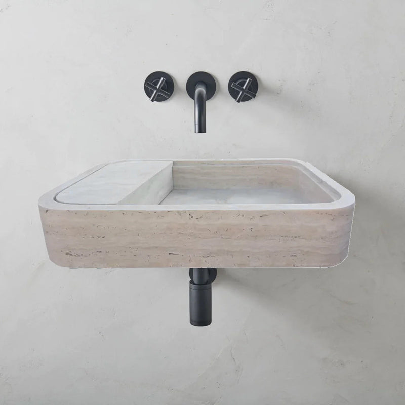 Beige Travertine Rectangular Wall-mount Bathroom Sink Hidden Drain (W)16" (L)24" (H)5" by GobekDesign