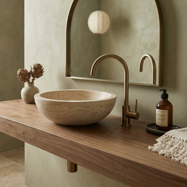 Beige Travertine Natural Stone Vessel Sink - Honed and Filled 16x6